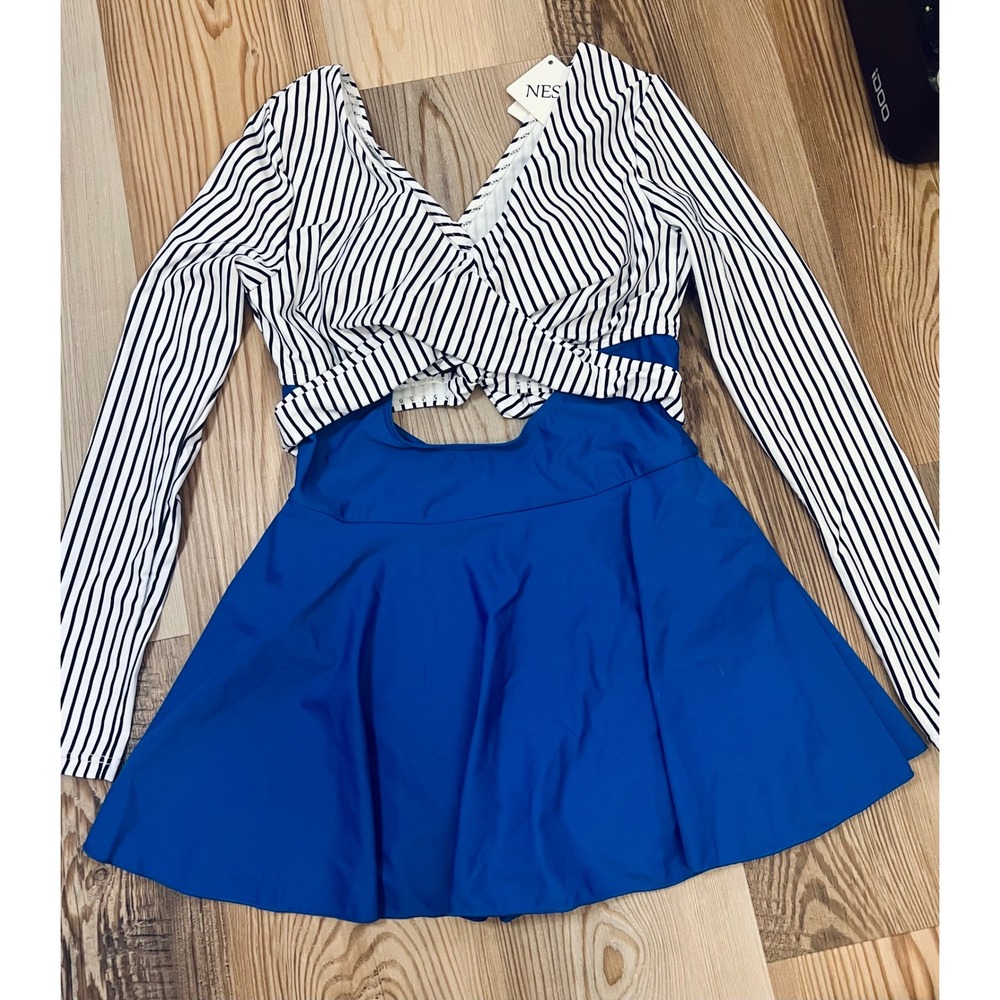 NESY Womens NWT Long Sleeve Swim Dress Cut Out Nautical Blue Skirted One Piece